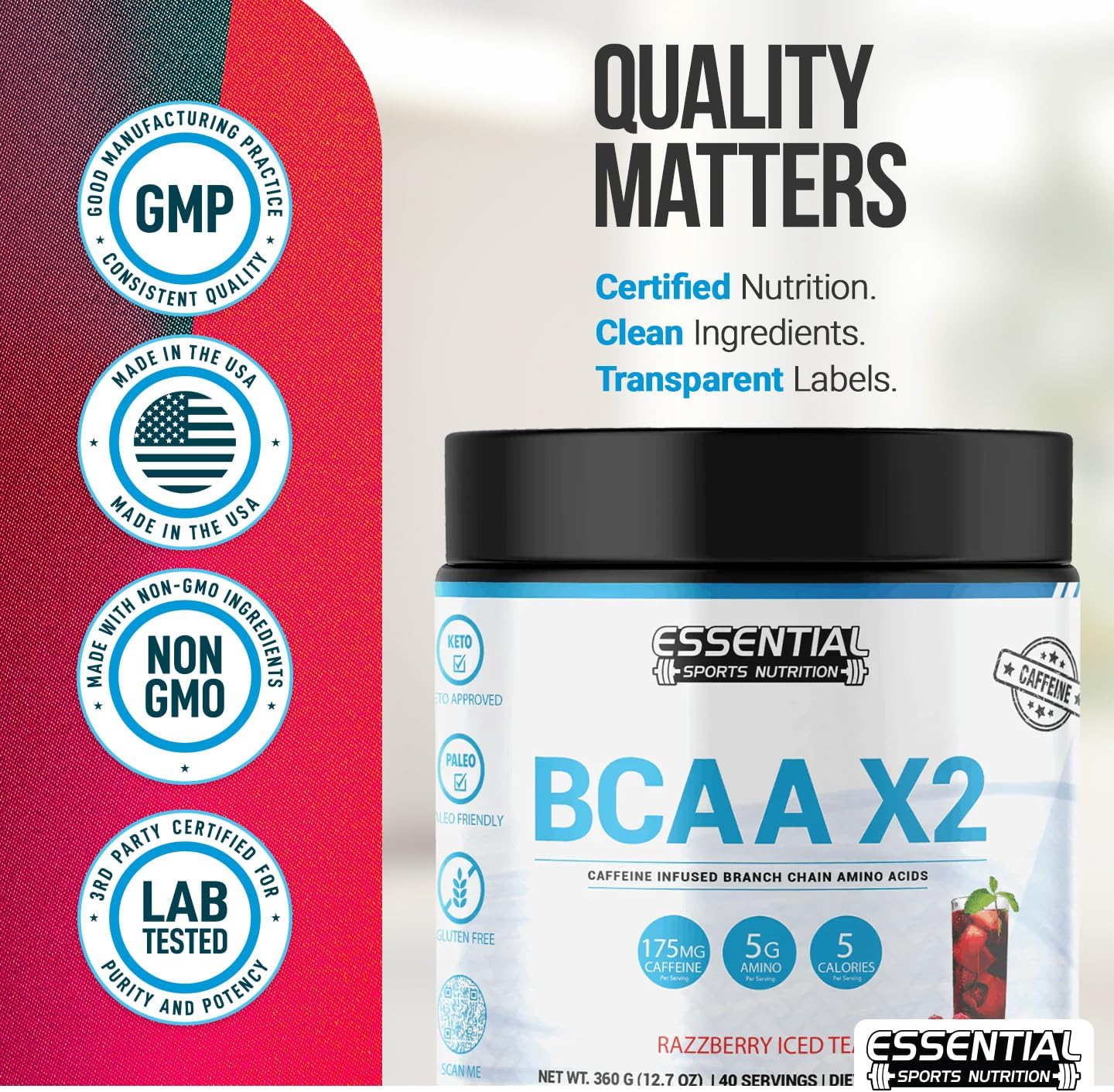 40 Serving BCAA Sports Nutrition Supplement with Caffeine - Keto Approved, Non-GMO & Gluten Free (Razzberry Iced Tea)