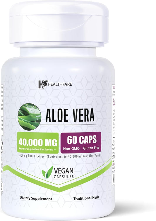 40,000mg Equivalent Aloe Vera Extract Veg Capsules for Digestive Support | Non-GMO | Made in USA | Vegetarian Friendly
