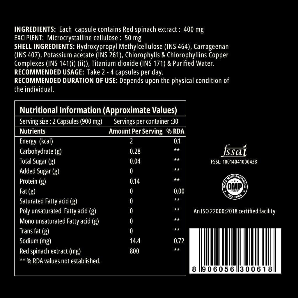 400mg Red Spinach Nitrate Extract Supplement - 60 Vegetarian Capsules for Daily N-Durance