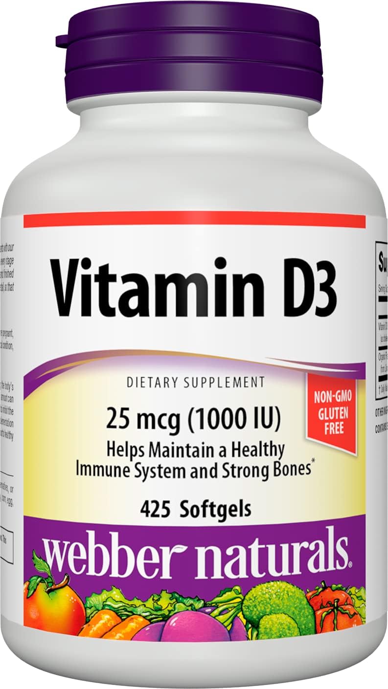425 Count Webber Naturals Vitamin D3 Softgel 1,000 IU for Immune Health, Bones, and Teeth - Non GMO, Gluten Free