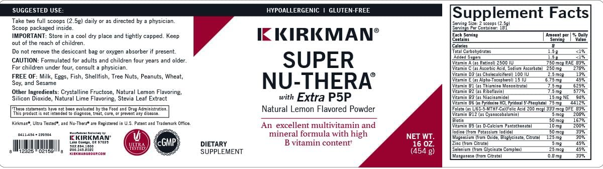 454 gm/16 oz Kirkman Super Nu-Thera® Powder with 25 mg P-5-P - Enhanced Formula Multi Vitamin