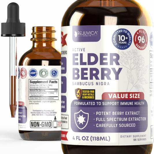 4oz Rejuvica Health Active Elderberry Liquid Extract - Advanced Formula for Better Absorption - Vegan, Sugar-Free, Non-GMO - Value Size