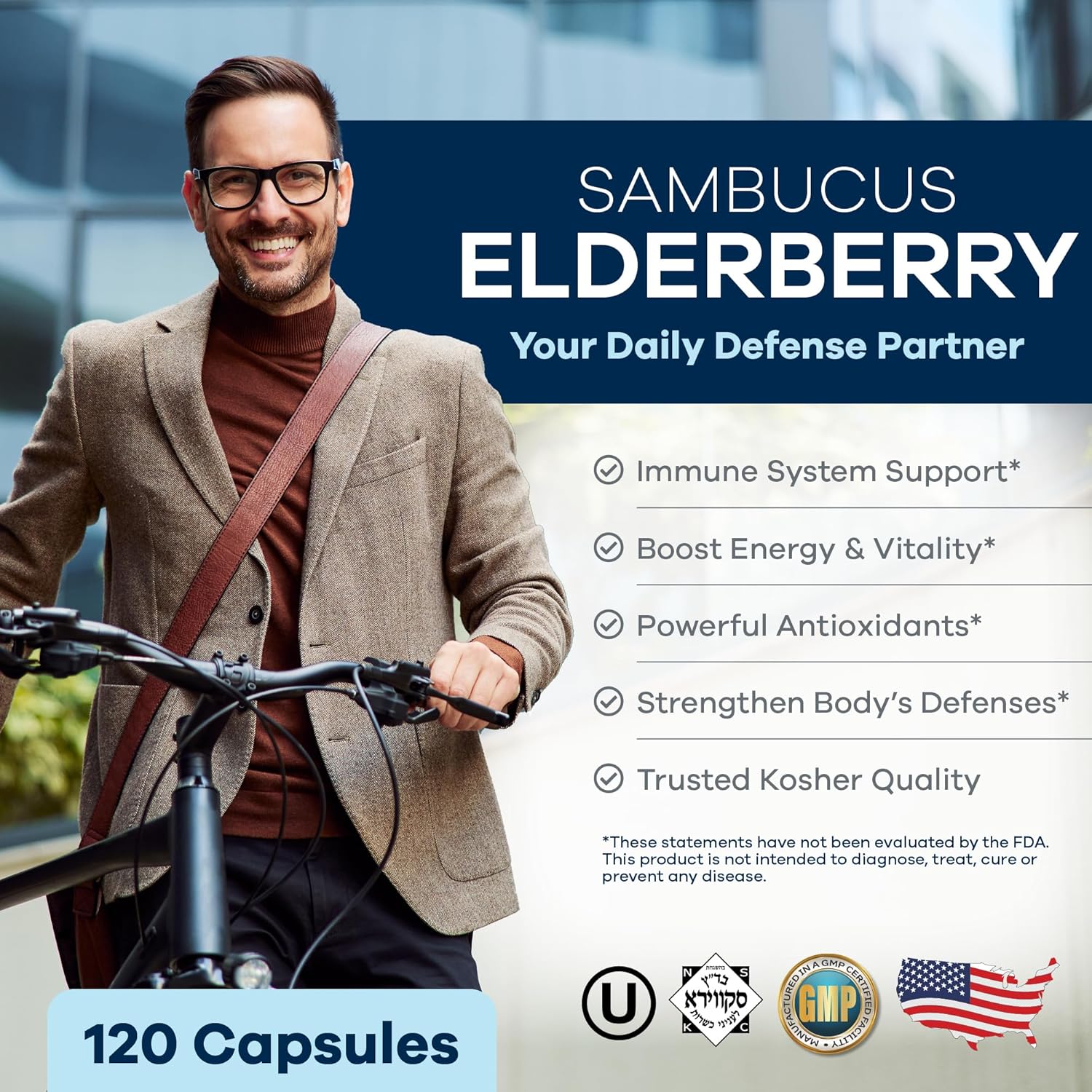 5-in-1 Herbal Antioxidant Immune Support Supplement with Elderberry, Vitamin C, Zinc, D3 & Ginger - 120 Gluten Free Capsules for Adults - Made in USA