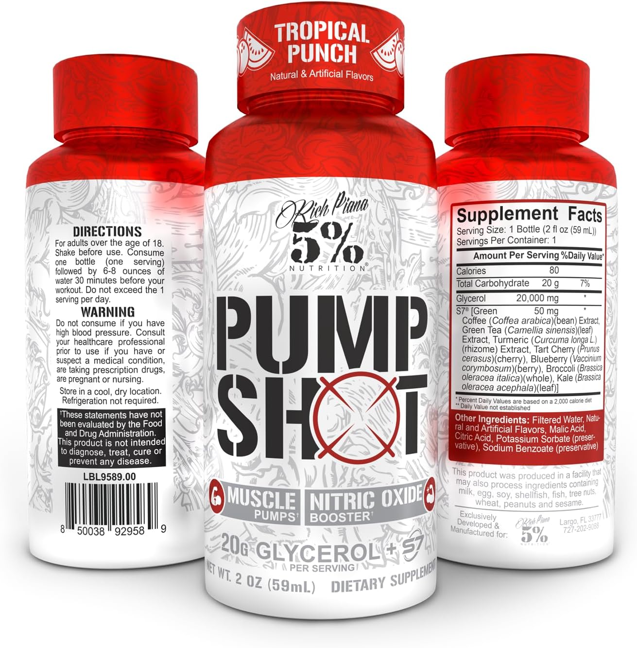 5% Nutrition Rich Piana Pump Shot Liquid Glycerol 12 Pack Caddy Tropical Punch - Boost Workout Performance