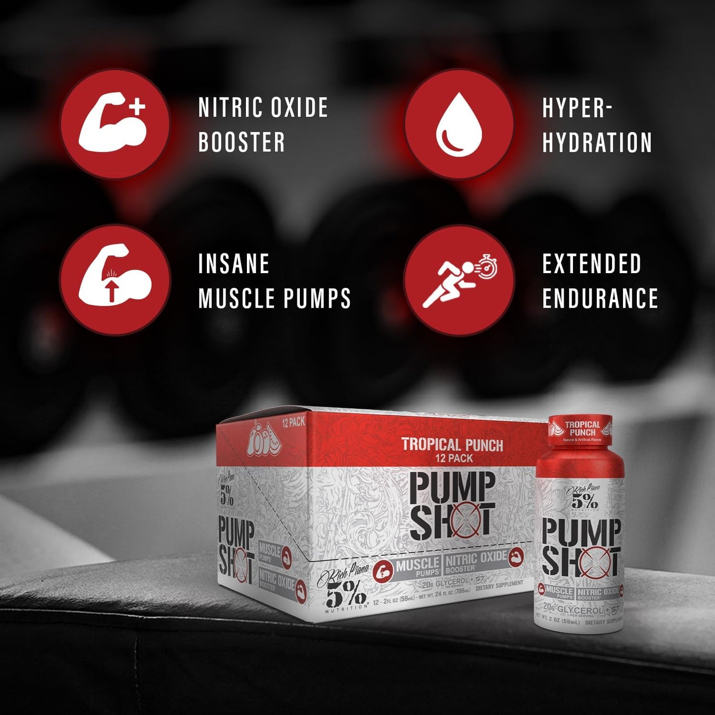 5% Nutrition Rich Piana Pump Shot Liquid Glycerol 12 Pack Caddy Tropical Punch - Boost Workout Performance