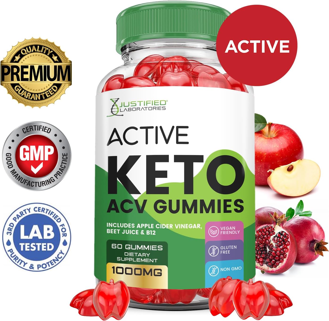 5 Pack Active Keto ACV Gummies 1000MG with Pomegranate & B12 - Vegan & Non GMO 300 Gummies
