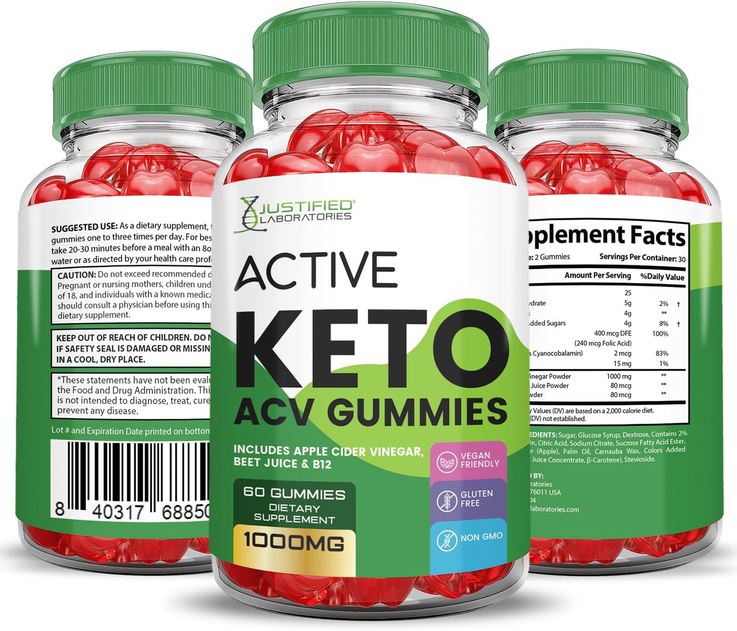 5 Pack Active Keto ACV Gummies 1000MG with Pomegranate & B12 - Vegan & Non GMO 300 Gummies