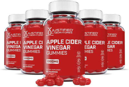 5 Pack Apple Cider Vinegar Gummies 1000MG with Pomegranate Juice, Beet Root, and B12 - 300 Gummies by Justified Laboratories