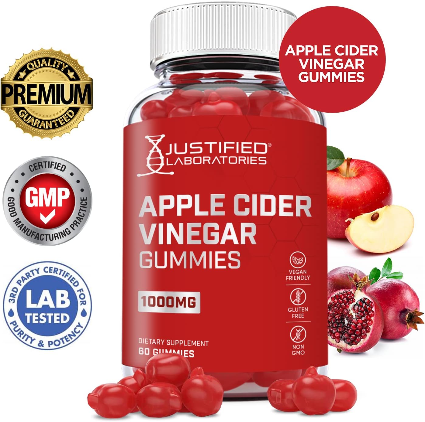 5 Pack Apple Cider Vinegar Gummies 1000MG with Pomegranate Juice, Beet Root, and B12 - 300 Gummies by Justified Laboratories