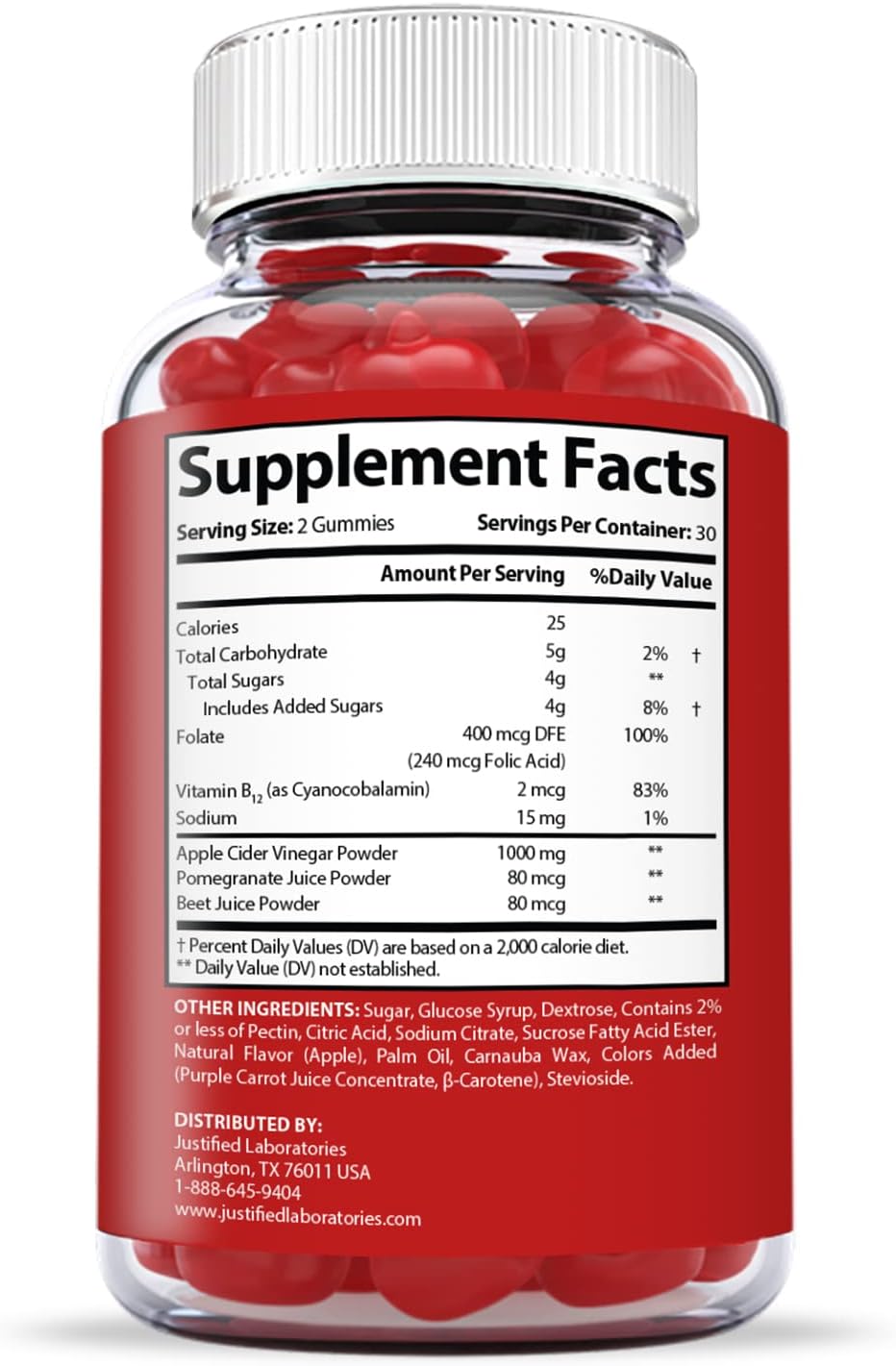 5 Pack Apple Cider Vinegar Gummies 1000MG with Pomegranate Juice, Beet Root, and B12 - 300 Gummies by Justified Laboratories