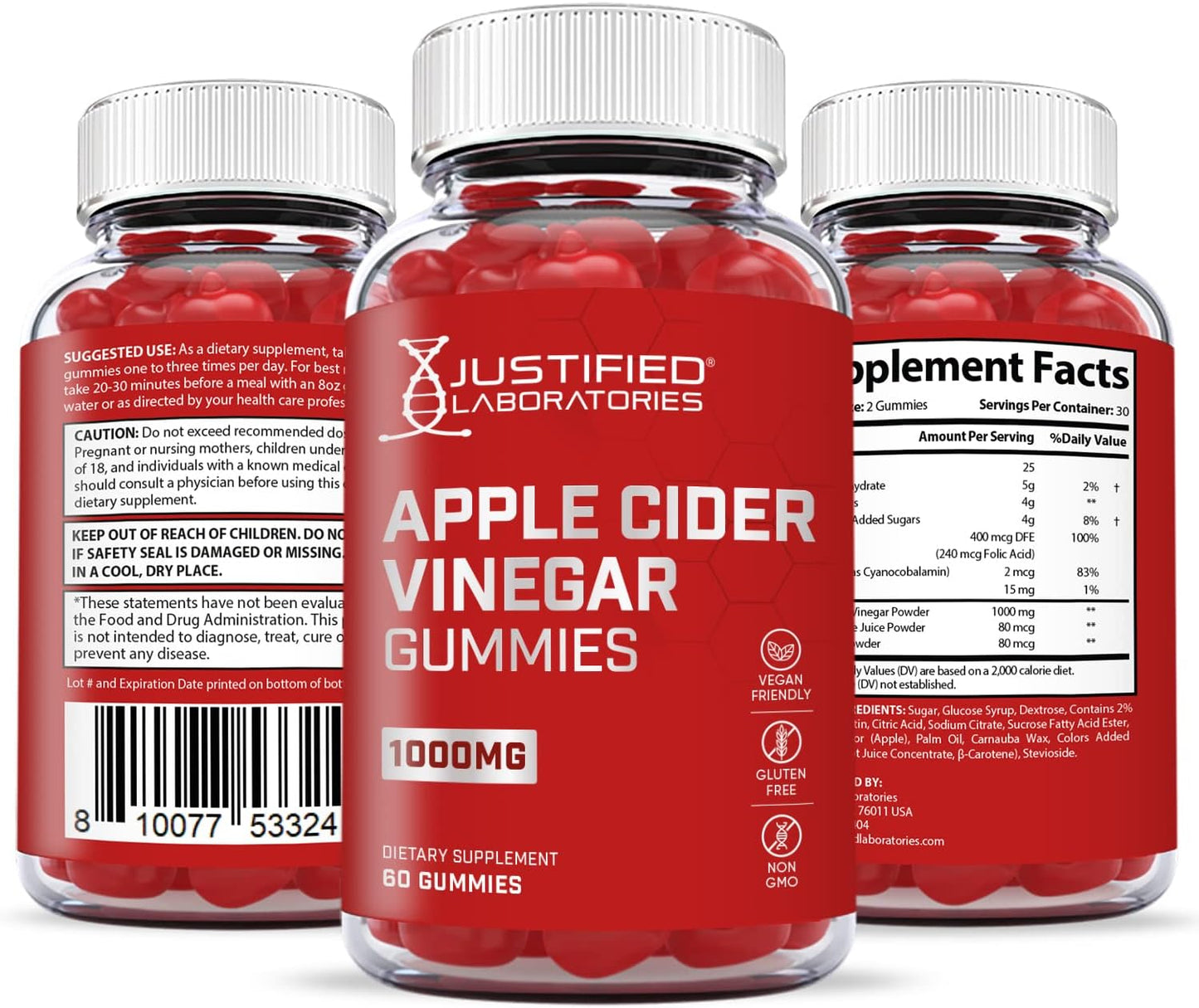 5 Pack Apple Cider Vinegar Gummies 1000MG with Pomegranate Juice, Beet Root, and B12 - 300 Gummies by Justified Laboratories
