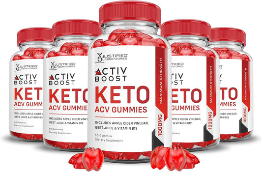 5 Pack of Justified Laboratories Activboost Keto ACV Gummies - Advanced Formula with 1000MG Active Boost, Apple Cider Vinegar, Pomegranate, Beet Juice Powder, B12 - Vegan, Non GMO - 300 Gummies