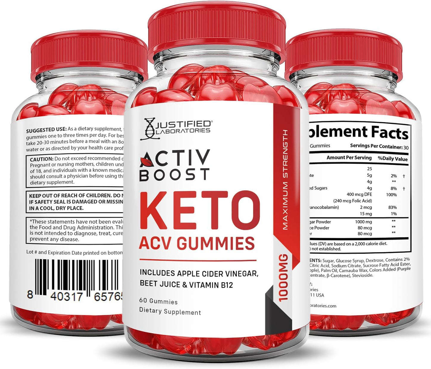 5 Pack of Justified Laboratories Activboost Keto ACV Gummies - Advanced Formula with 1000MG Active Boost, Apple Cider Vinegar, Pomegranate, Beet Juice Powder, B12 - Vegan, Non GMO - 300 Gummies