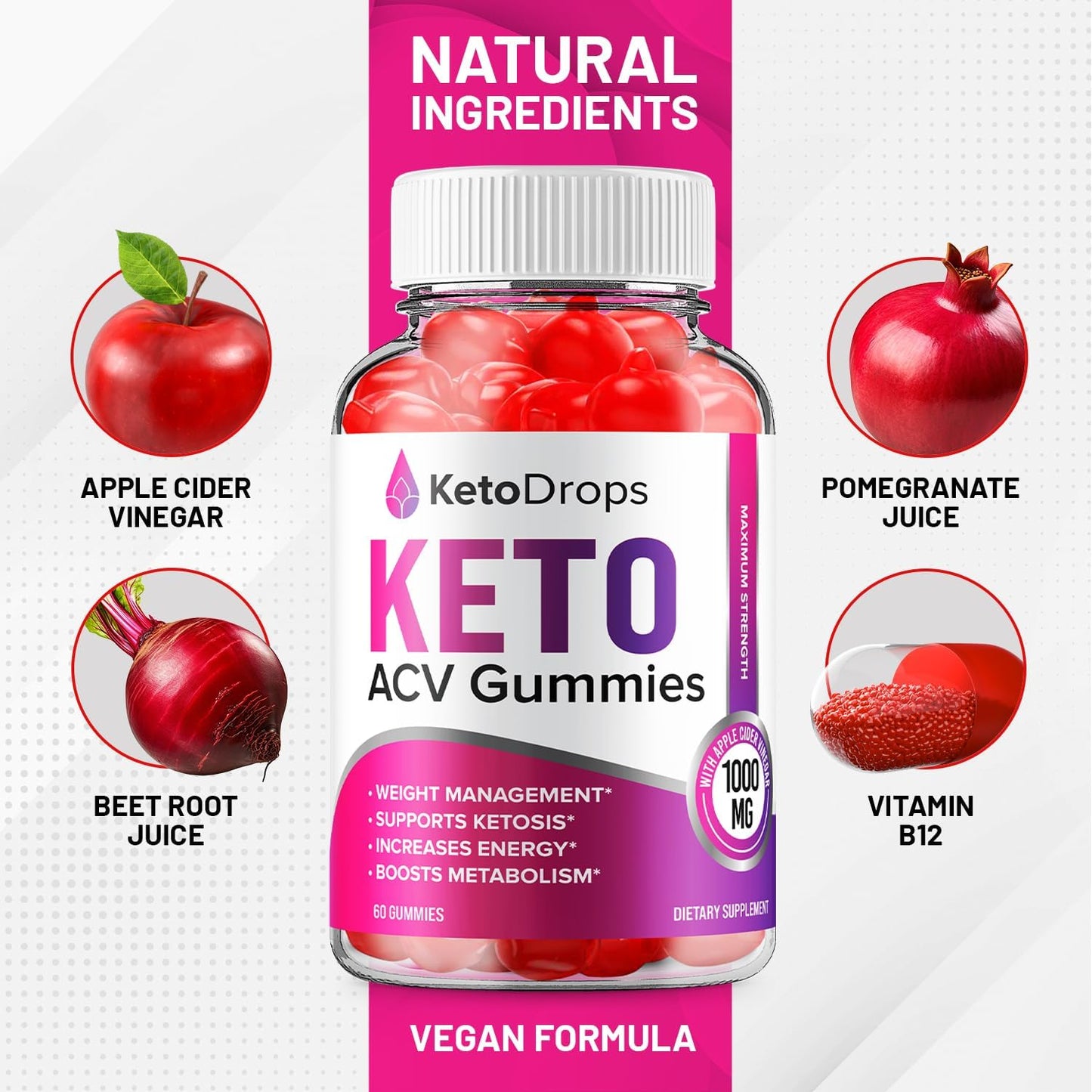 5 Pack of Keto Drops ACV Gummies for Weight Management - Advanced Formula with Apple Cider Vinegar - Dietary Supplement for Men and Women (300 Gummies)