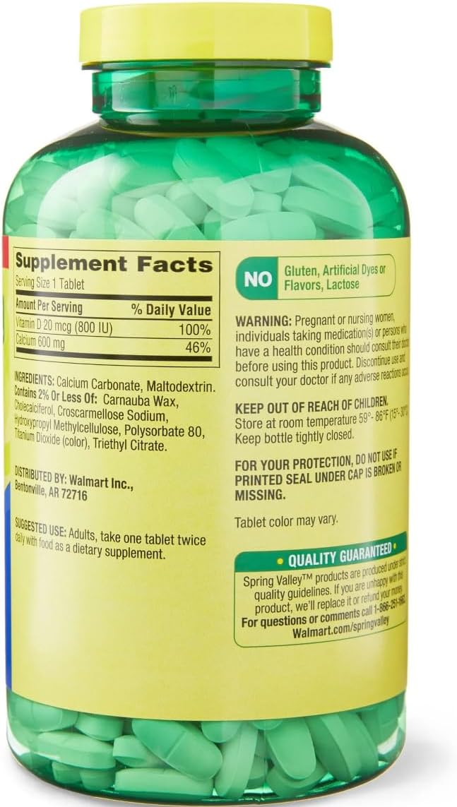500 Count Spring Valley Calcium 600 mg + Vitamin D 20 mcg Tablets with Weekly Pill Organizer - Bone Health Supplement