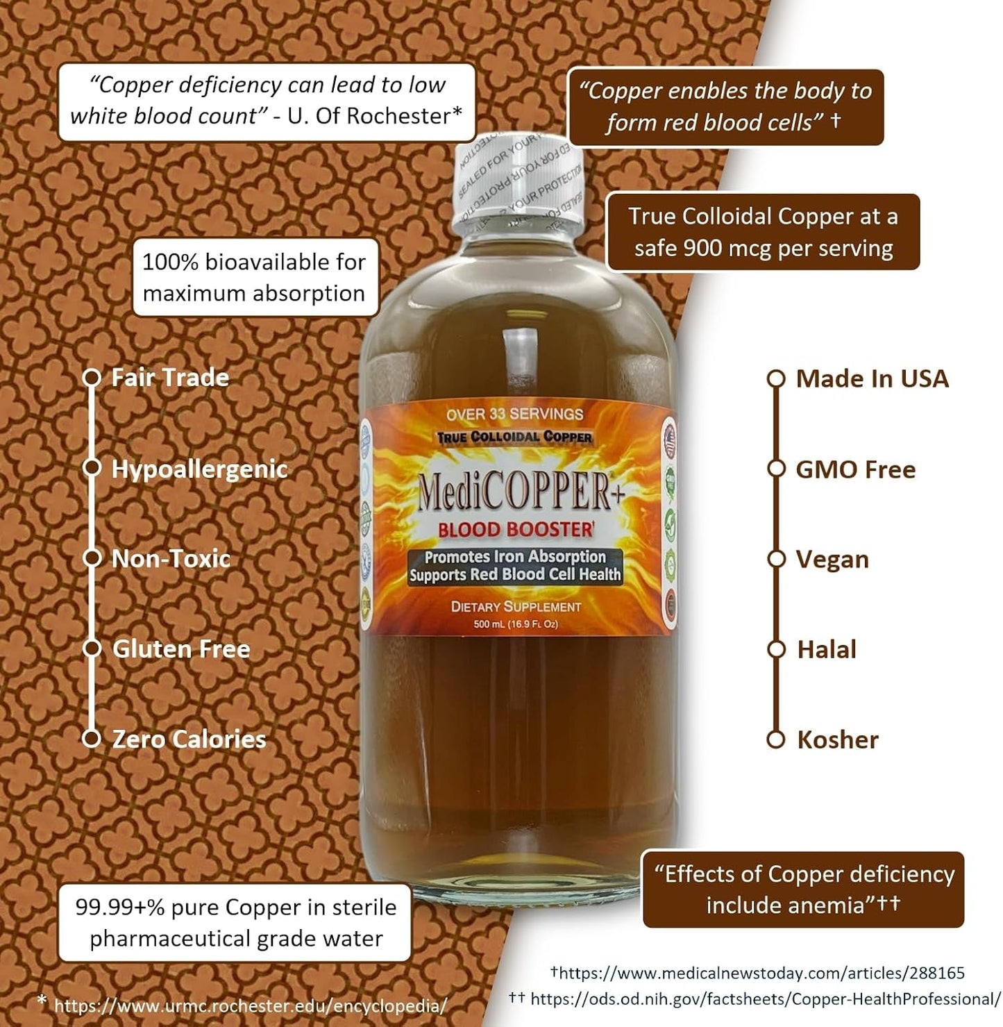 500 mL Nutraneering MediCOPPERĀ® Plus Blood Booster True Colloidal Copper CuNP Nutritional Supplement