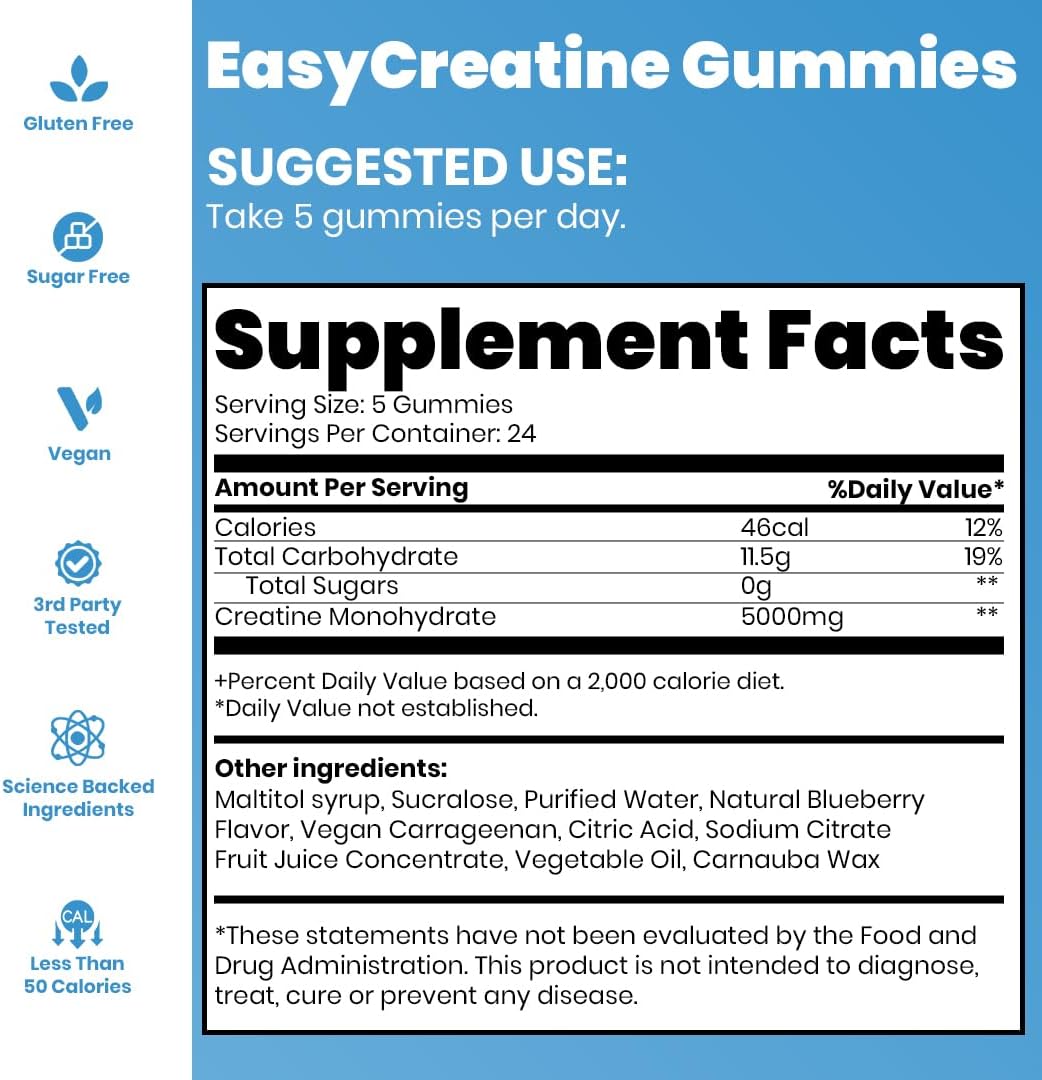 5000mg EasyCreatine Infused Gummies - 120 Count Chewable Creatine Monohydrate for Muscle Growth, Energy Boost, Recovery - 5g per Serving - Sugar Free, Vegan, Halal - Blueberry Flavor