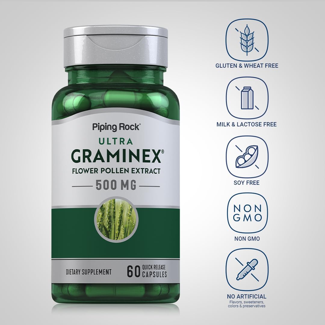 500mg Graminex Flower Pollen Extract Capsules | 60 Count | Non-GMO, Gluten Free Formula by Piping Rock