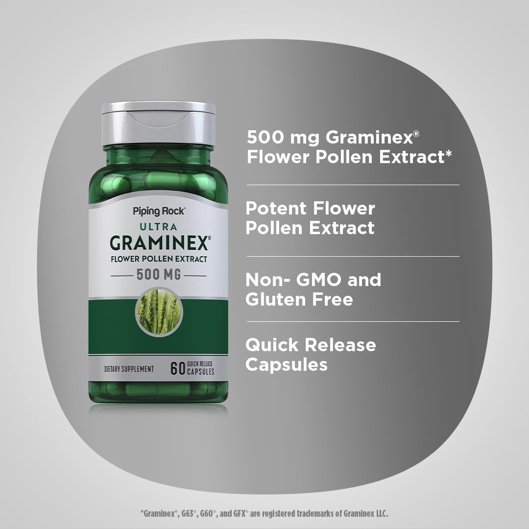 500mg Graminex Flower Pollen Extract Capsules | 60 Count | Non-GMO, Gluten Free Formula by Piping Rock