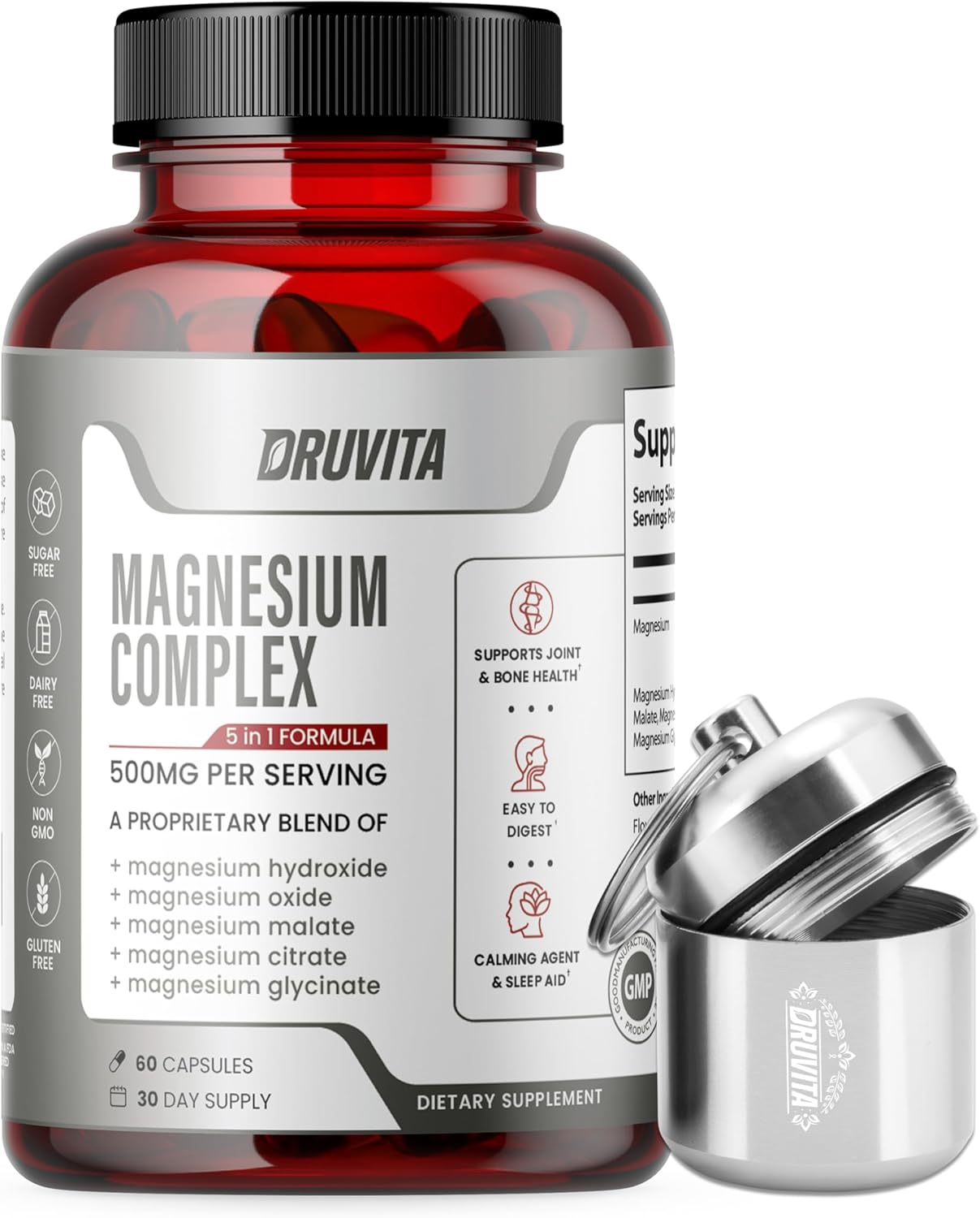 500mg Magnesium Complex with 5 Formulas for Bone, Joint, Heart, Sleep - 60 Capsules + Pill Container