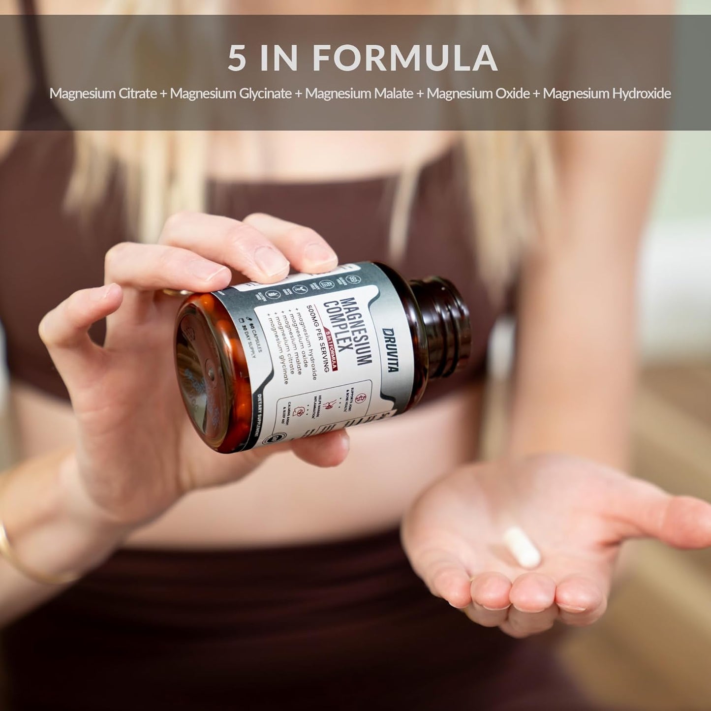500mg Magnesium Complex with 5 Formulas for Bone, Joint, Heart, Sleep - 60 Capsules + Pill Container