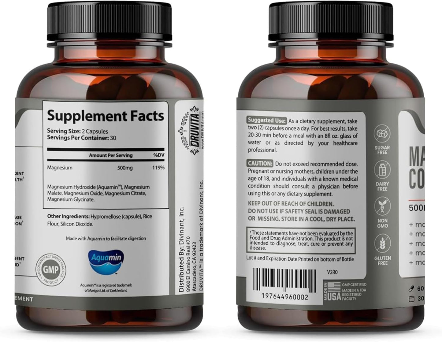 500mg Magnesium Complex with 5 Formulas for Bone, Joint, Heart, Sleep - 60 Capsules + Pill Container