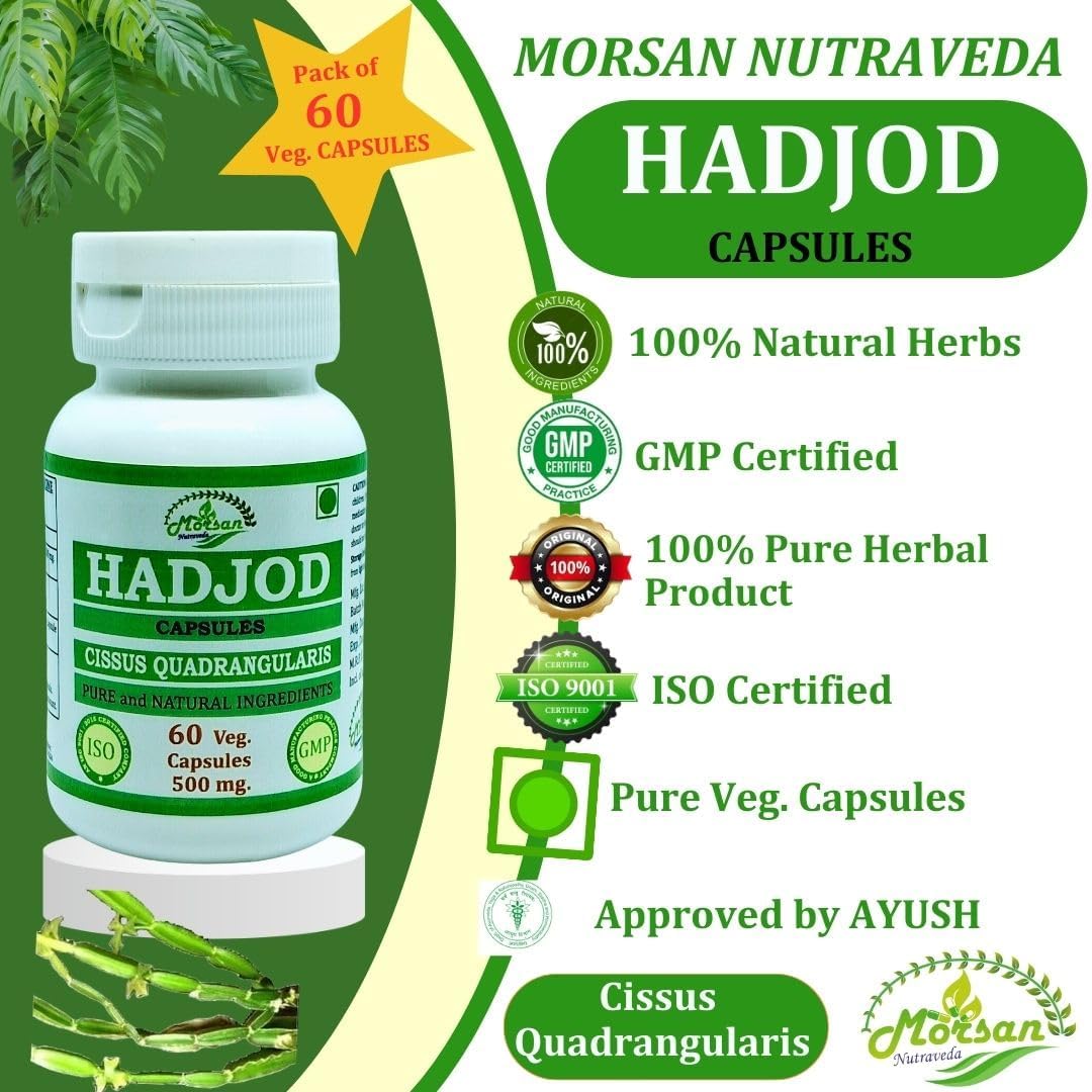 500mg Morsan Nutraveda Hadjod (Cissus Quadrangularis) Capsules - Bone & Joint Health - 60 Vegetarian Capsules - Natural Wellness Support - Non-GMO