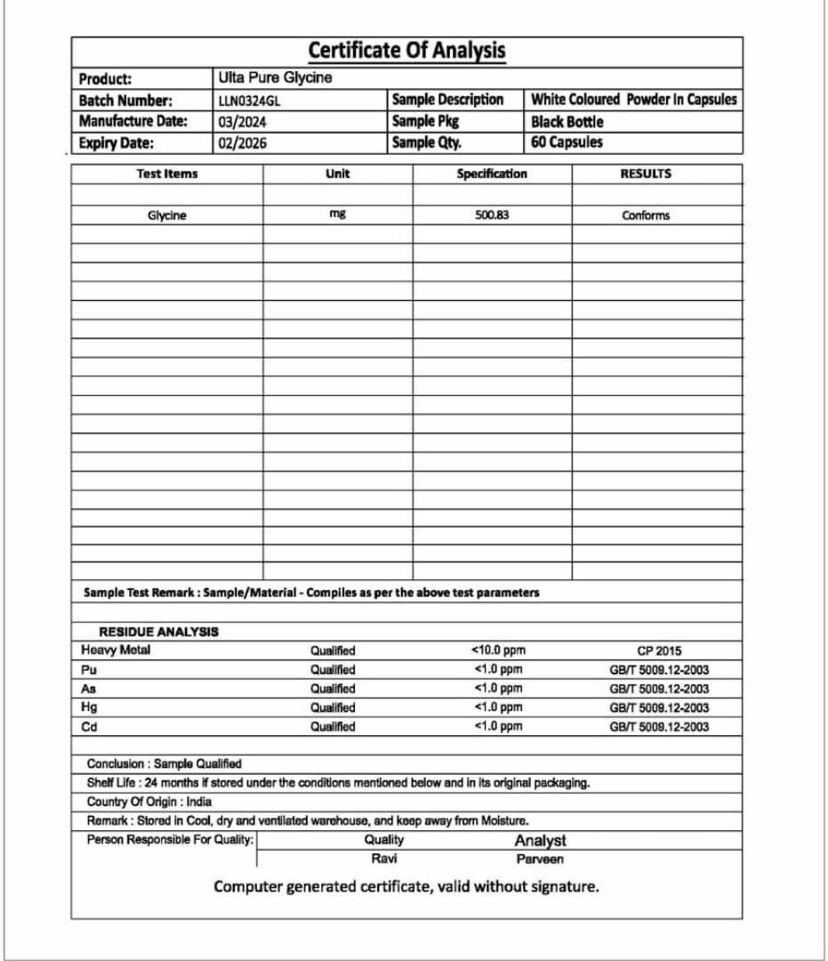 500mg Ultra Pure Glycine Capsules for Sleep, Collagen & Liver Detox - Vegan, Gluten-Free, Non-GMO - 60 Capsules