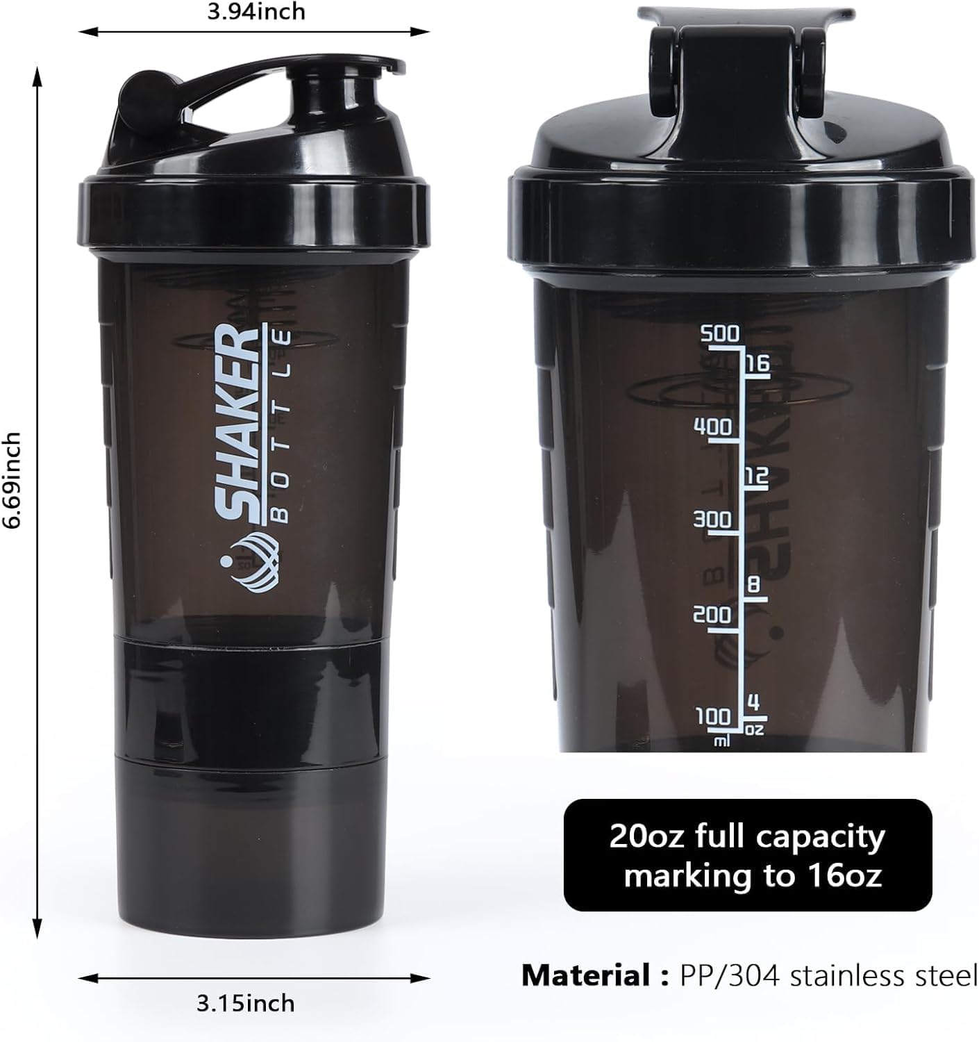 500ml Smart Cyclone Shaker Bottle for Pre and Post Workout - Gym Sipper Bottle for Men and Women - Black Color - Fitness Spider Shaker Bottle with Smart Technology - Pack of 1