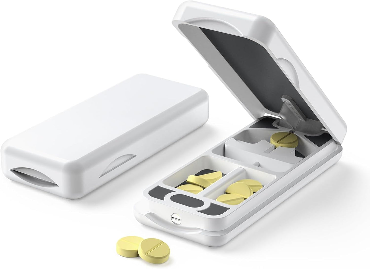 professional-pill-cutter-with-auto-centering-device-genuine-leather-case---aluminum-pill-splitter-with-316l-stainless-blade-for-small-or-large-pills---white-plastic-design-1