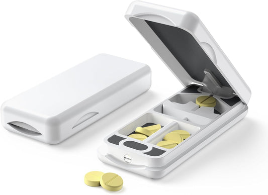 professional-pill-cutter-with-auto-centering-device-genuine-leather-case---aluminum-pill-splitter-with-316l-stainless-blade-for-small-or-large-pills---white-plastic-design-1