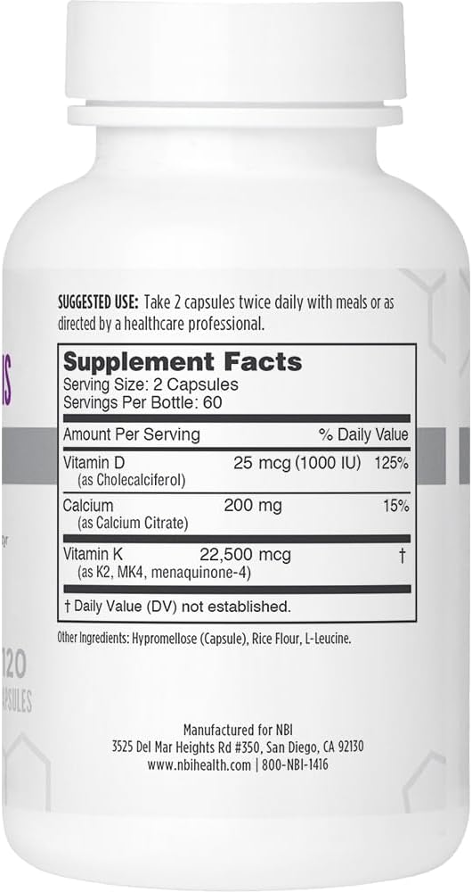 Bone Support Supplement with Vitamin D & K Complex - 120 Mini Veggie Capsules | 45mg Vitamin K2 (MK4) & Calcium Citrate for Strong Bone Health & Function - NBI Osteo-K - Espot.com.au