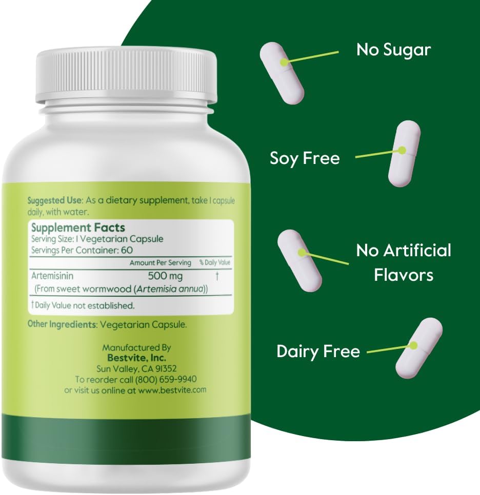Artemisinin 500mg Capsules (120 Count) - Vegan, Non-GMO, Gluten-Free - No Fillers, Stearates, or Flow Agents - 2 Month Supply - Espot.com.au