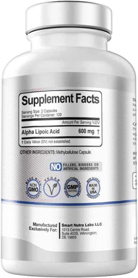 Alpha Lipoic Acid 600mg Per Serving - 240 Vegan Capsules - Gluten Free & Non-GMO - Supports Energy & Antioxidant - By Smart Nutra Labs - Espot.com.au