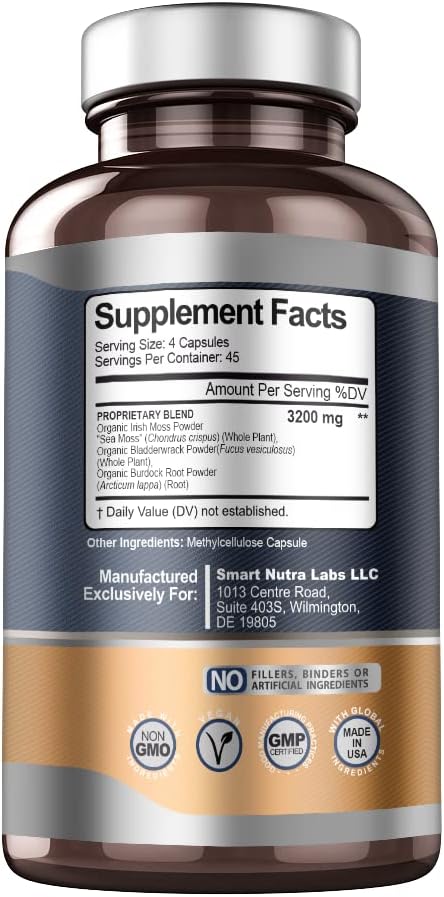 Organic Sea Moss Capsules - 3200MG Per Serving - 180 Vegan Capsules - Irish Sea Moss, Bladderwrack & Burdock Root - Immune Support & Health Supplement - Espot.com.au