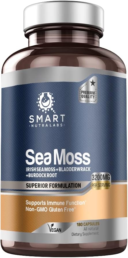 Organic Sea Moss Capsules - 3200MG Per Serving - 180 Vegan Capsules - Irish Sea Moss, Bladderwrack & Burdock Root - Immune Support & Health Supplement - Espot.com.au