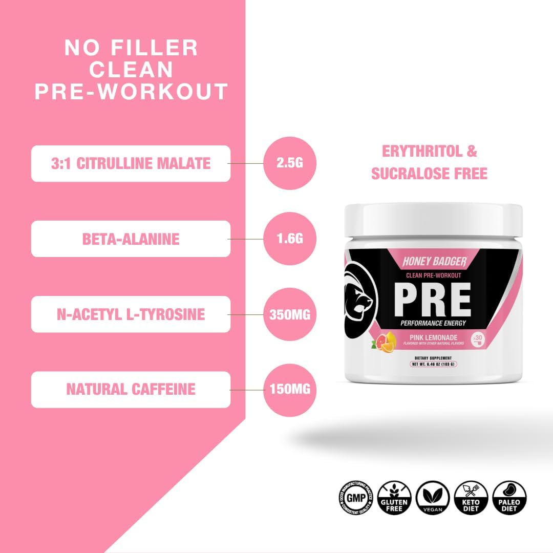 pink-lemonade-honey-badger-pre-workout-powder---sugar-free-keto-vegan-preworkout-with-beta-alanine-caffeine-for-natural-energy-boost---30-servings-for-men-women-2
