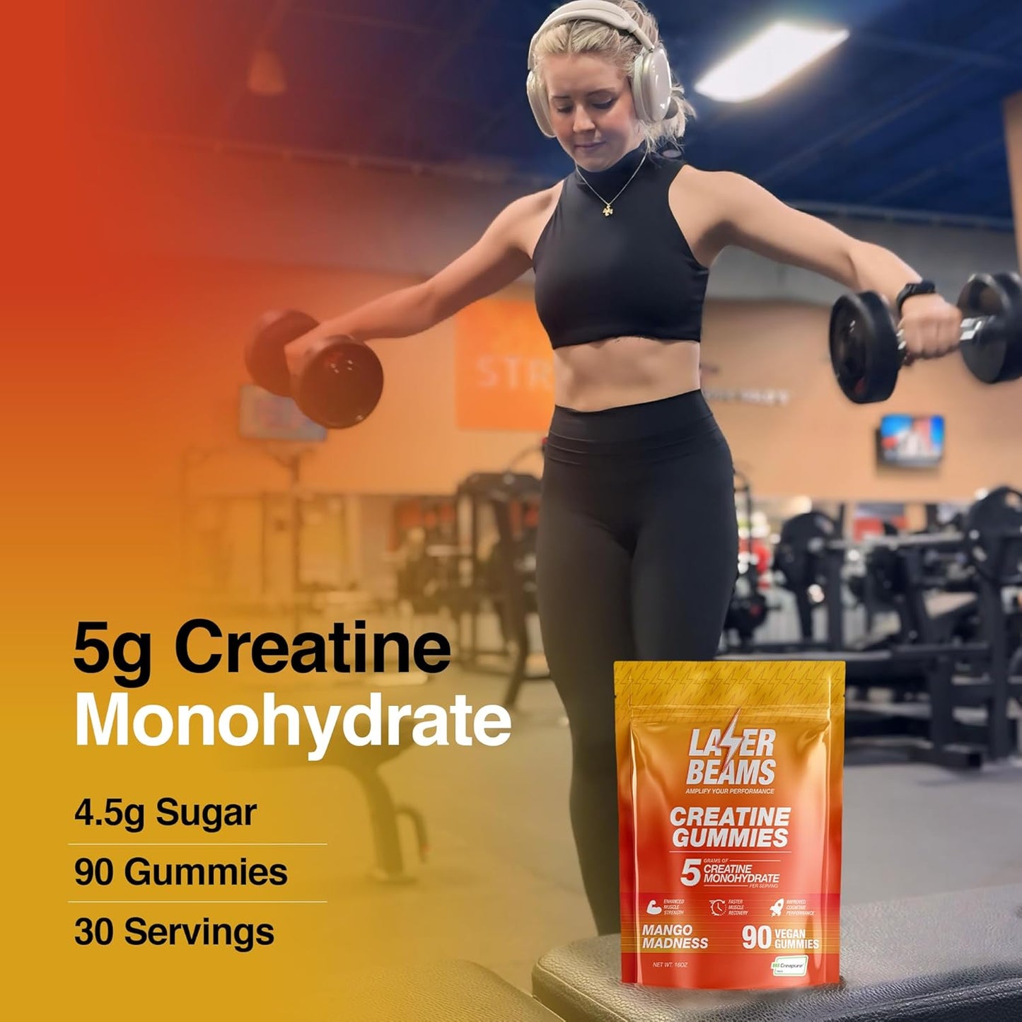 5g Creapure Creatine Mango Gummies - Vegan & Gluten-Free - Boost Muscle Strength, Endurance, Recovery - 90 Gummies