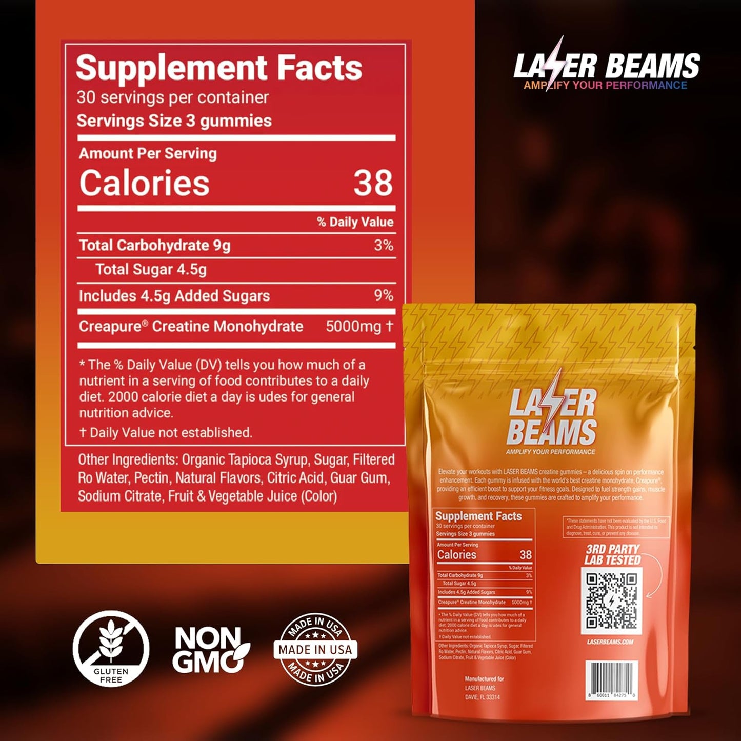 5g Creapure Creatine Mango Gummies - Vegan & Gluten-Free - Boost Muscle Strength, Endurance, Recovery - 90 Gummies