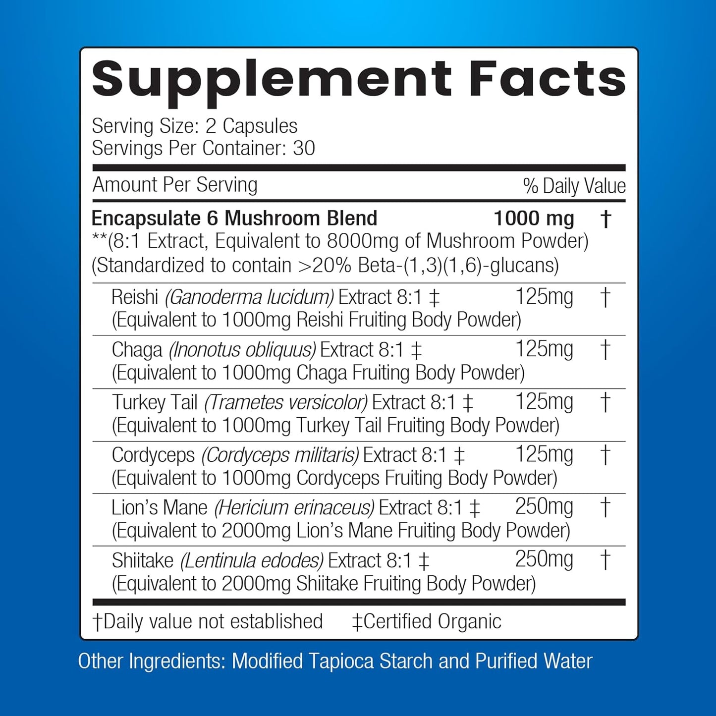 6 Mushroom Blend Capsules - Reishi, Chaga, Turkey Tail, Cordyceps, Lion’s Mane & Shiitake Extract - Nootropic & Adaptogen Supplement for Gut, Brain, Immune - 60 Caps