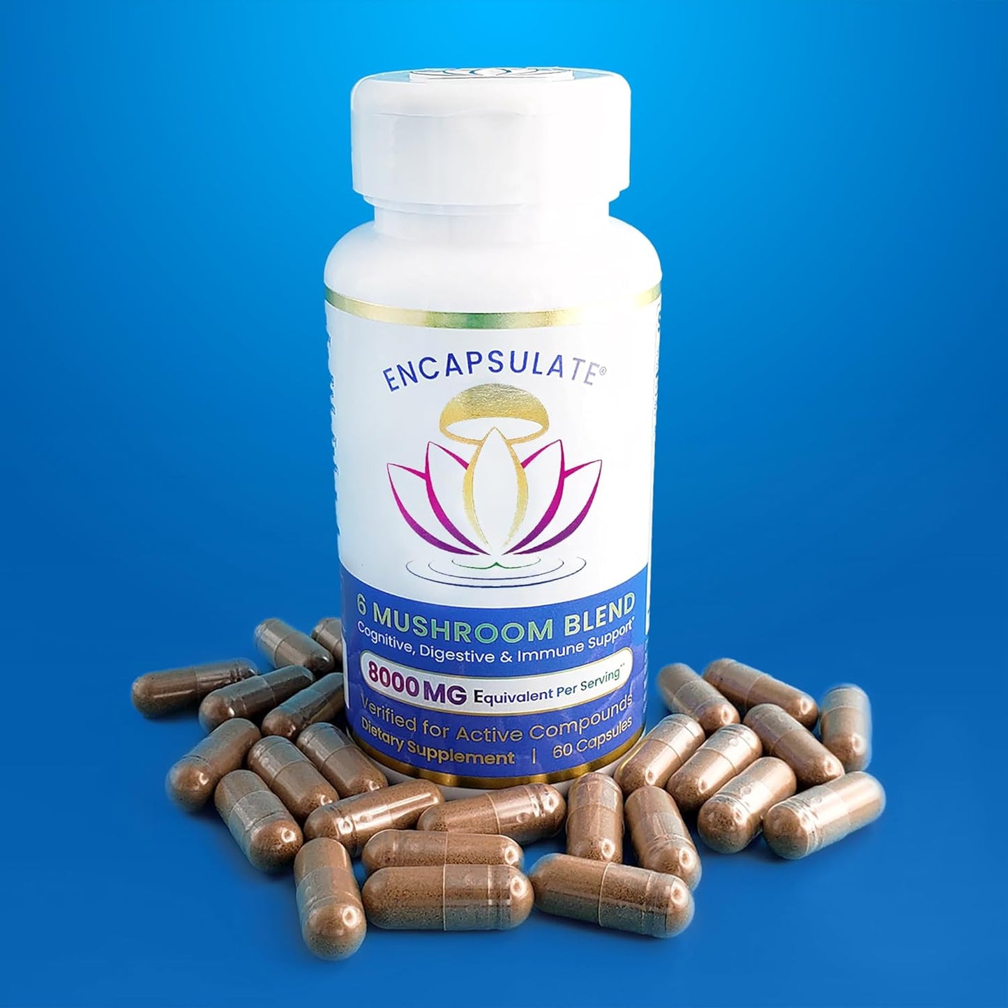 6 Mushroom Blend Capsules - Reishi, Chaga, Turkey Tail, Cordyceps, Lion’s Mane & Shiitake Extract - Nootropic & Adaptogen Supplement for Gut, Brain, Immune - 60 Caps