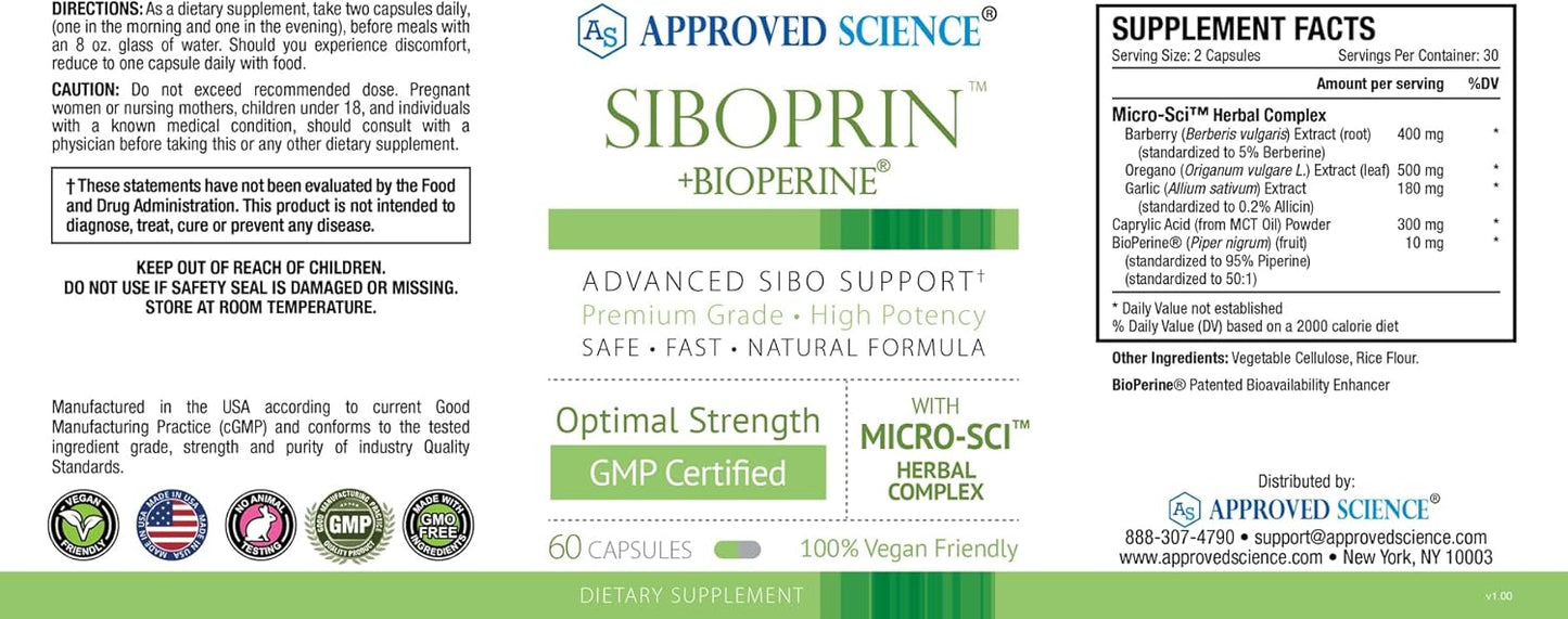 60 Capsules Approved Science Siboprin for Gut Balance & Intestinal Relief - Vegan Formula with Caprylic Acid, Barberry, and Oregano