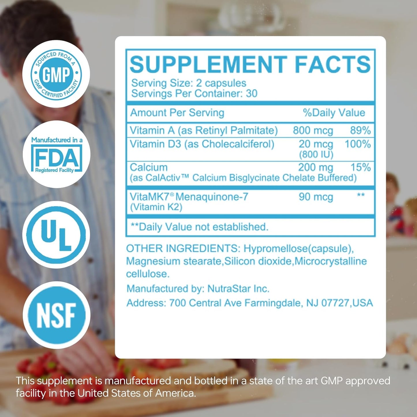 60 Capsules HUJ ADK Supplement with Calcium, Vitamins A, D3, and K2 MK-7