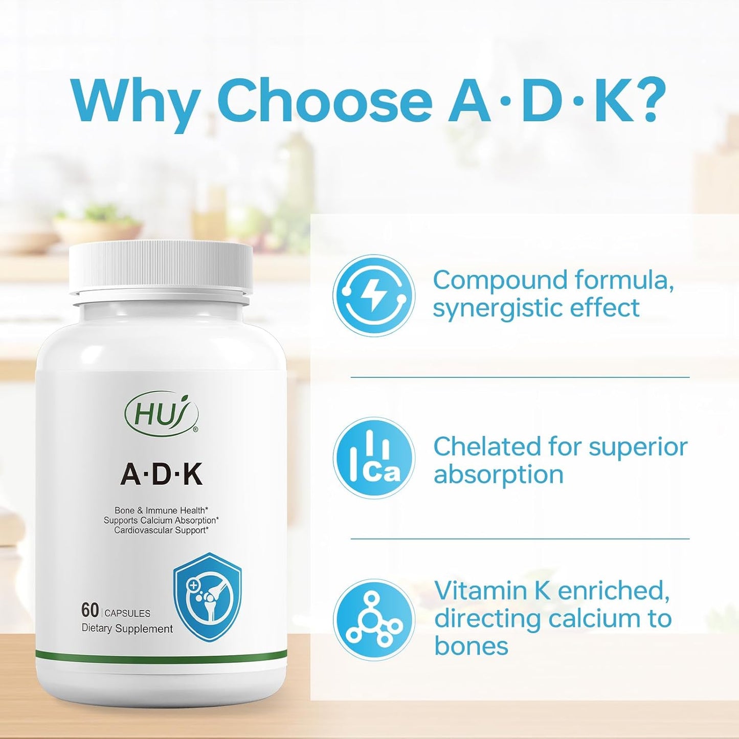 60 Capsules HUJ ADK Supplement with Calcium, Vitamins A, D3, and K2 MK-7