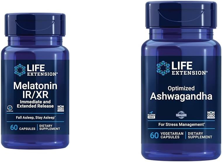 60 Capsules Life Extension Melatonin IR/XR & Optimized Ashwagandha for Sleep, Stress Relief, Focus, and Memory Boost