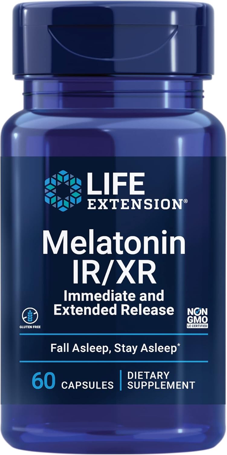 60 Capsules Life Extension Melatonin IR/XR & Optimized Ashwagandha for Sleep, Stress Relief, Focus, and Memory Boost