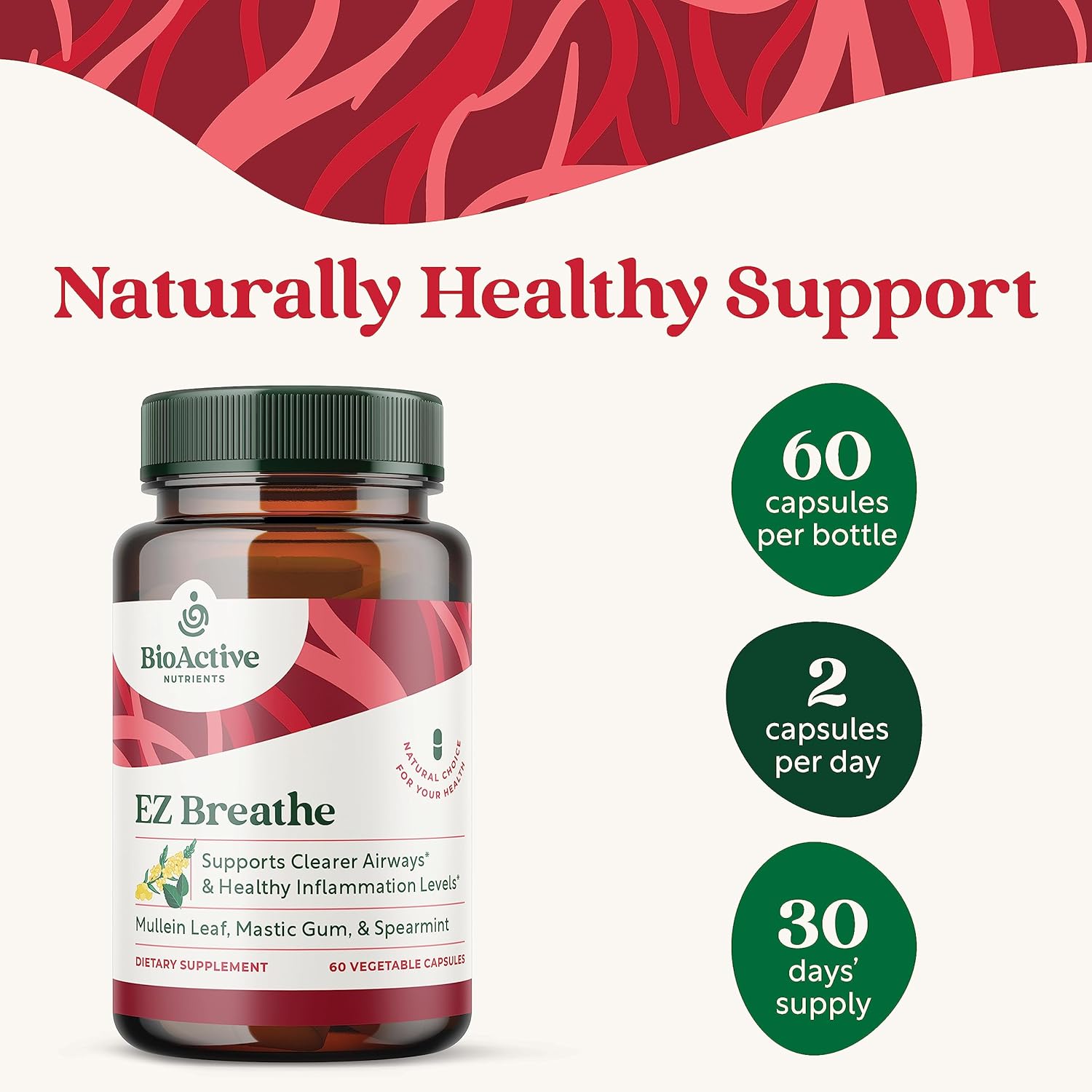 60 Capsules of Bioactive Nutrients EZ Breathe Supplement with Mullein Leaf, Bromelain, and Spearmint - Promotes Overall Wellness