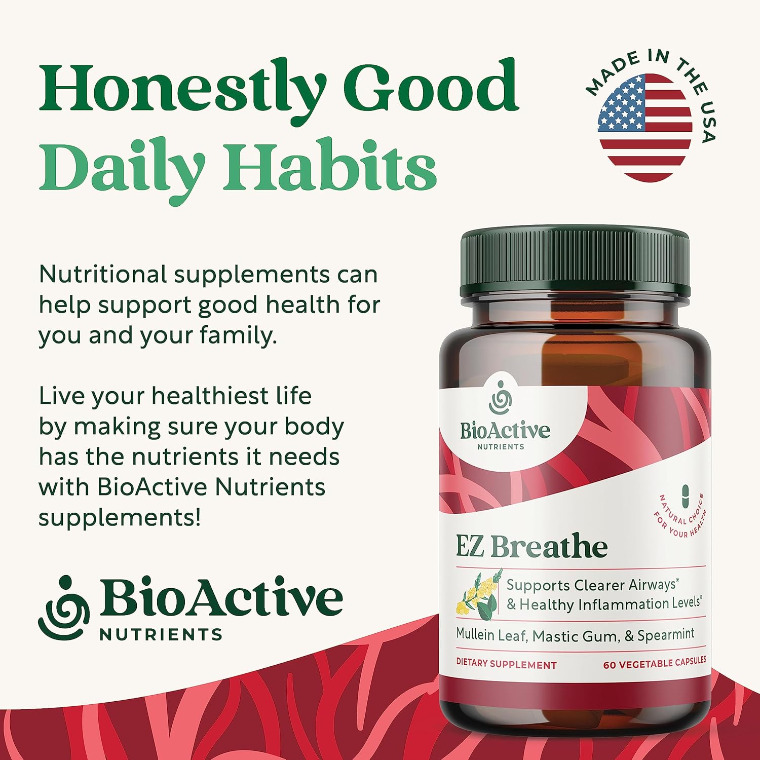 60 Capsules of Bioactive Nutrients EZ Breathe Supplement with Mullein Leaf, Bromelain, and Spearmint - Promotes Overall Wellness