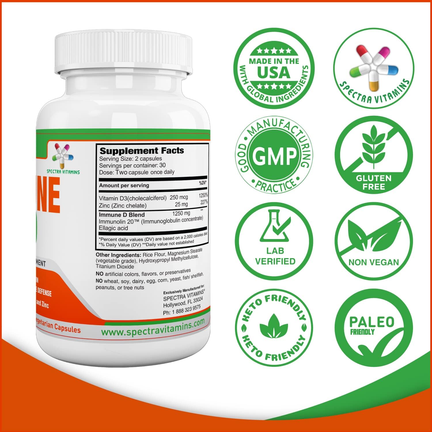 60 Capsules Spectra Vitamins Immune D Support Supplement with Immunolin, Vitamin D3, Zinc, Ellagic Acid for Strong Immune System