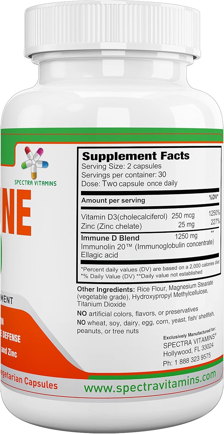 60 Capsules Spectra Vitamins Immune D Support Supplement with Immunolin, Vitamin D3, Zinc, Ellagic Acid for Strong Immune System